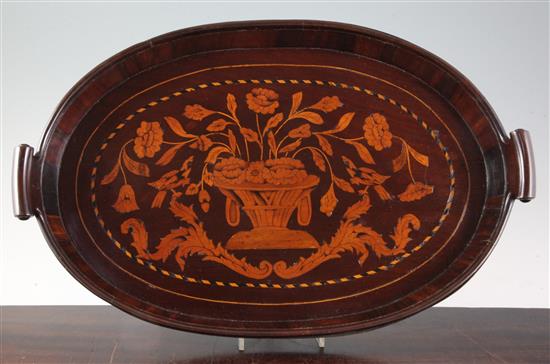 A 19th century Dutch and floral mahogany marquetry tray, 51.5cm